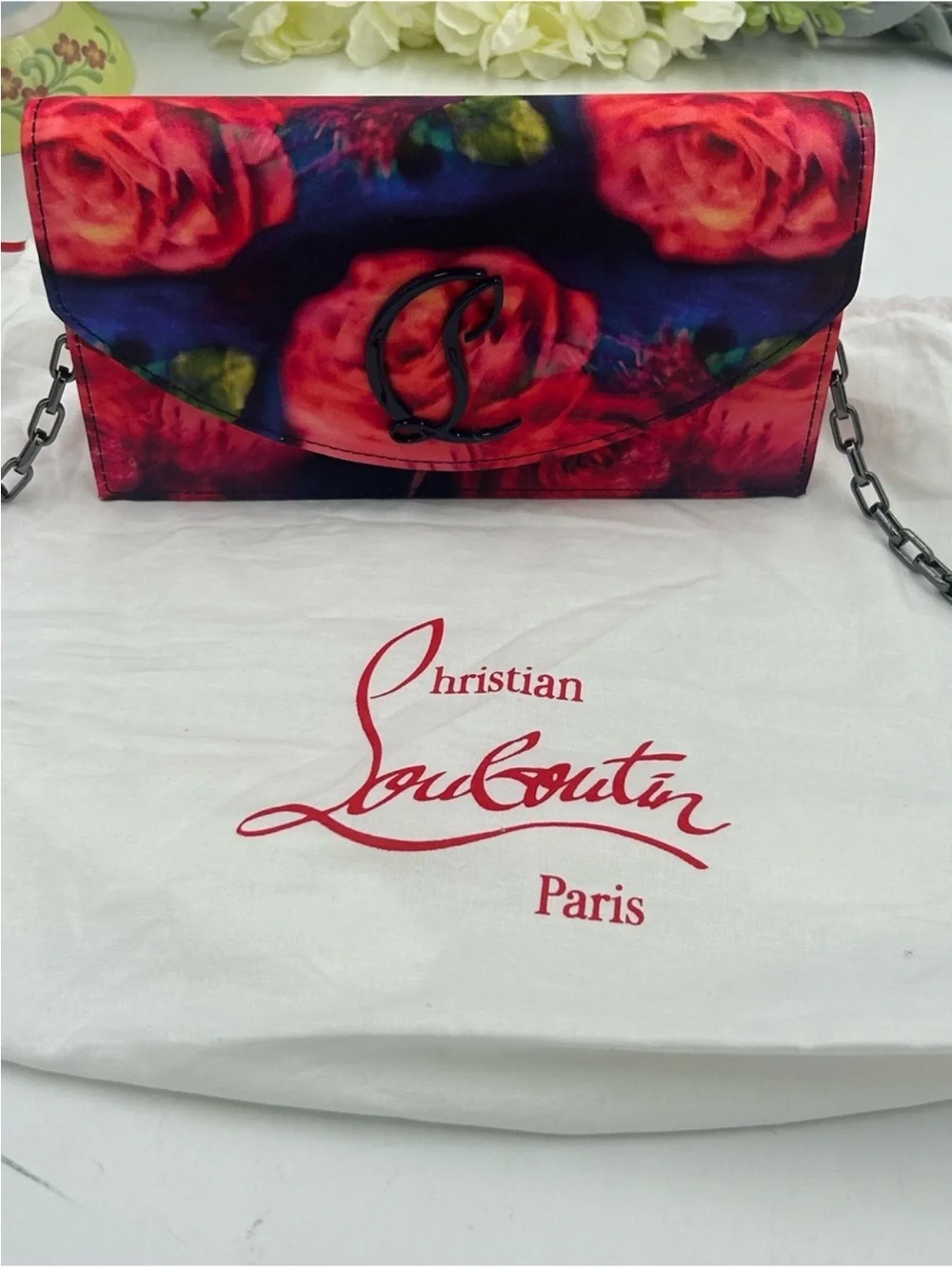 Women’s Christian Louboutin LOUBI 54 floral satin clutch/Crossbody made in Italy